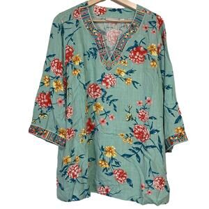 A396220 BELLE by Kim Gravel Floral Print Blouse with Embroidery Green M